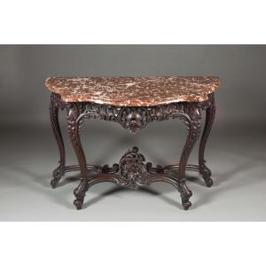 Console Louis XV en bois de chêne et marbre rouge.