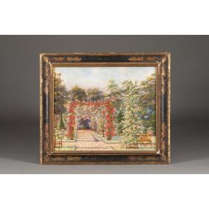 F. Margotin – Jardin fleuri et roseraie, huile sur toile, première moitié du XXe siècle