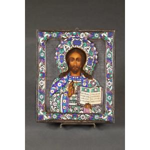 Russian Icon Of Christ Pantocrator – Silver Oklad 84 With Polychrome Enamels
