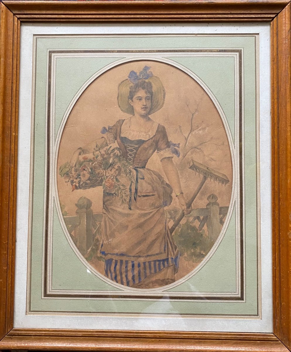 “ The Beautiful Gardener”. Watercolor. Late 19th Century. Charles Lenoir (?)