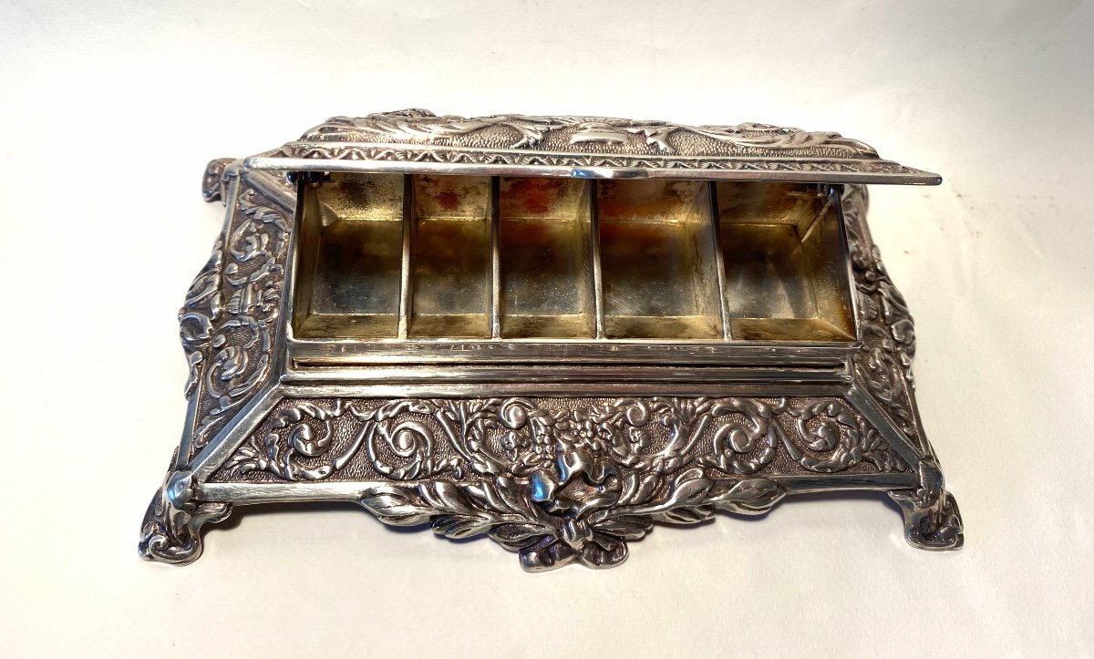 Grande Boîte à Timbres De Bureau. Fin XIXème. Bronze Argenté . Décor Style Louis XVI.-photo-2