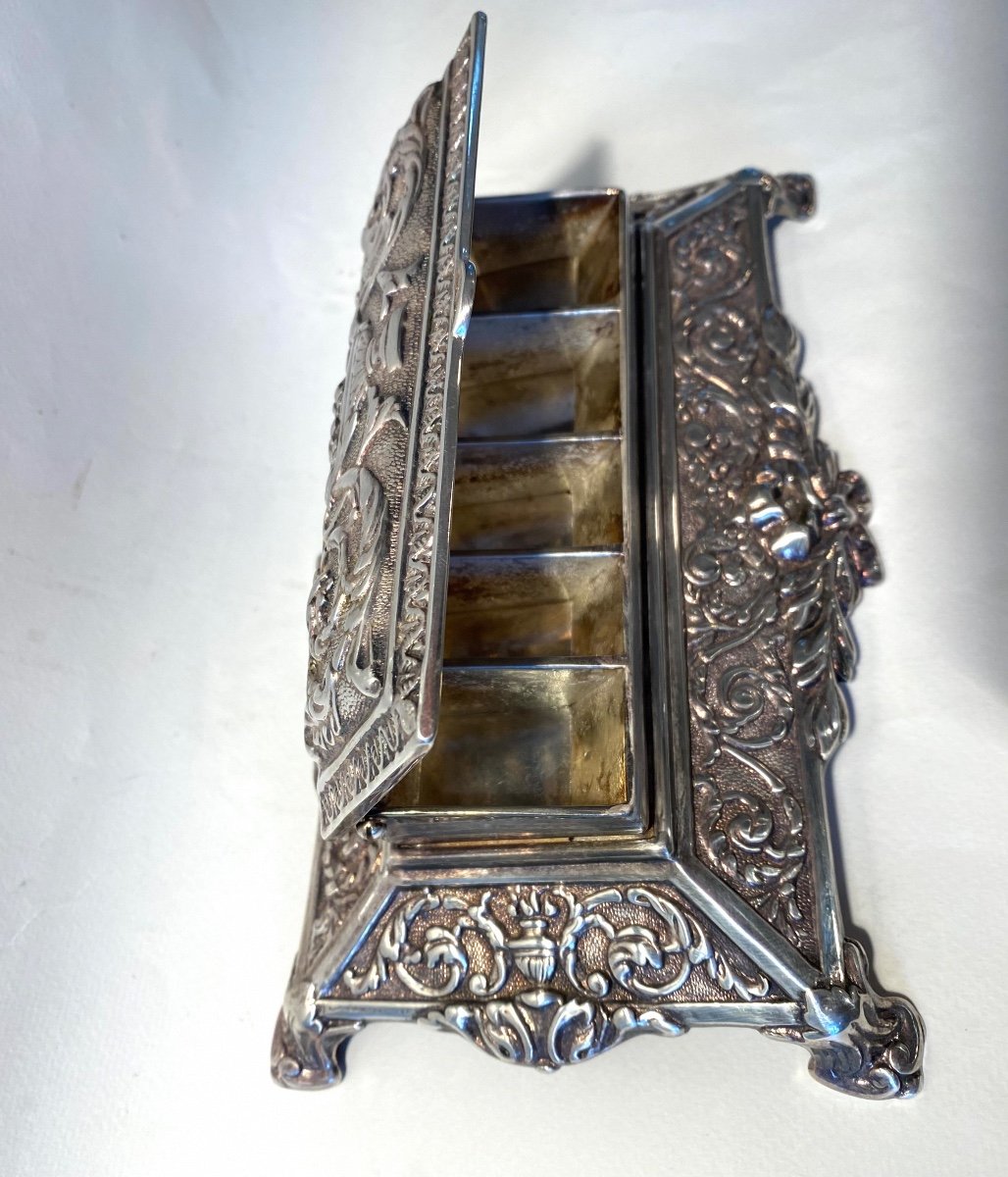 Grande Boîte à Timbres De Bureau. Fin XIXème. Bronze Argenté . Décor Style Louis XVI.-photo-3