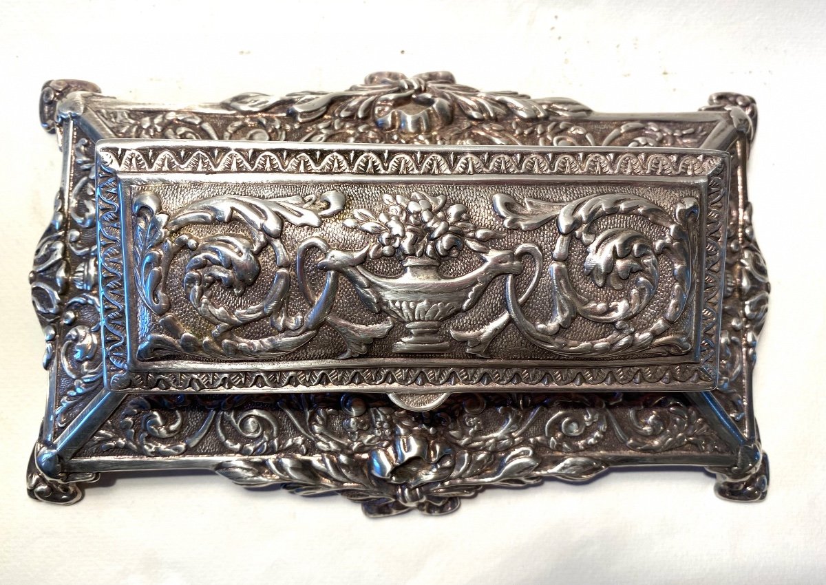 Grande Boîte à Timbres De Bureau. Fin XIXème. Bronze Argenté . Décor Style Louis XVI.-photo-2