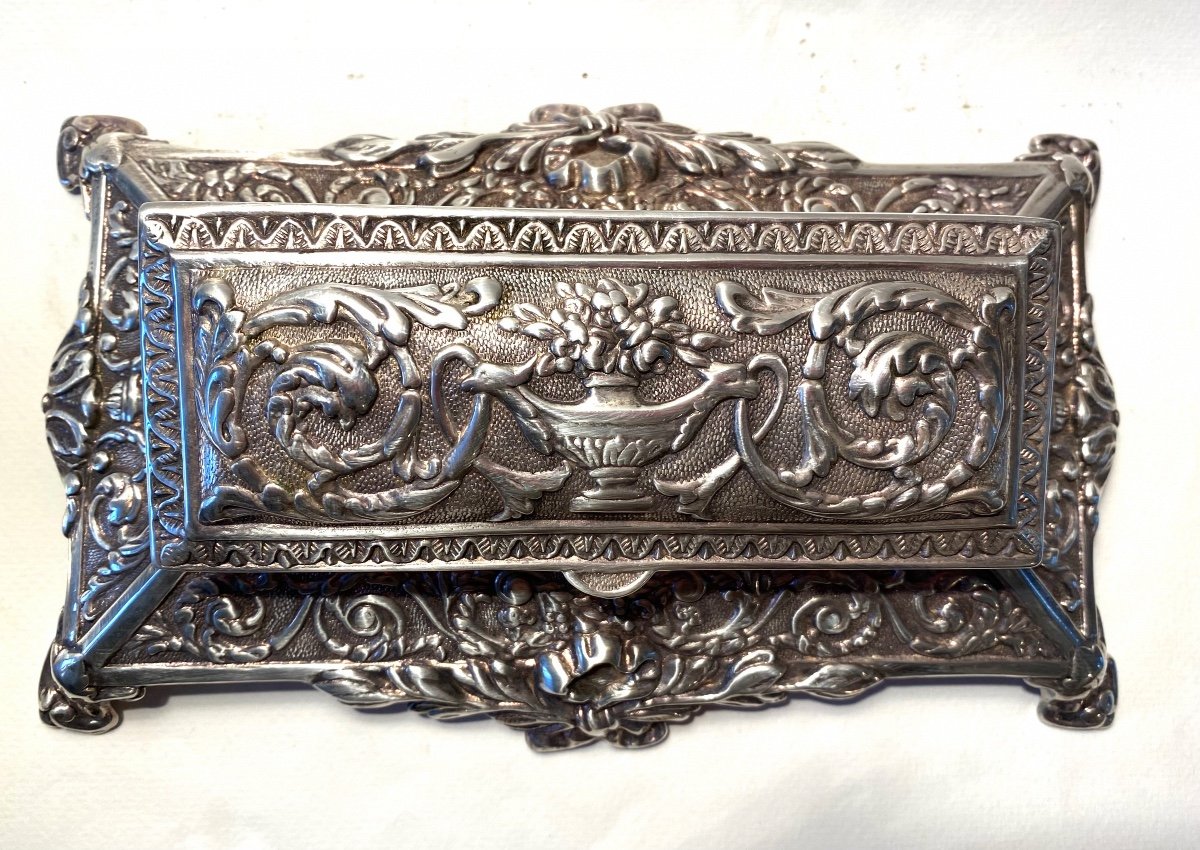 Large Office Stamp Box. Late 19th Century. Silvered Bronze. Louis XVI Style Decor.-photo-2