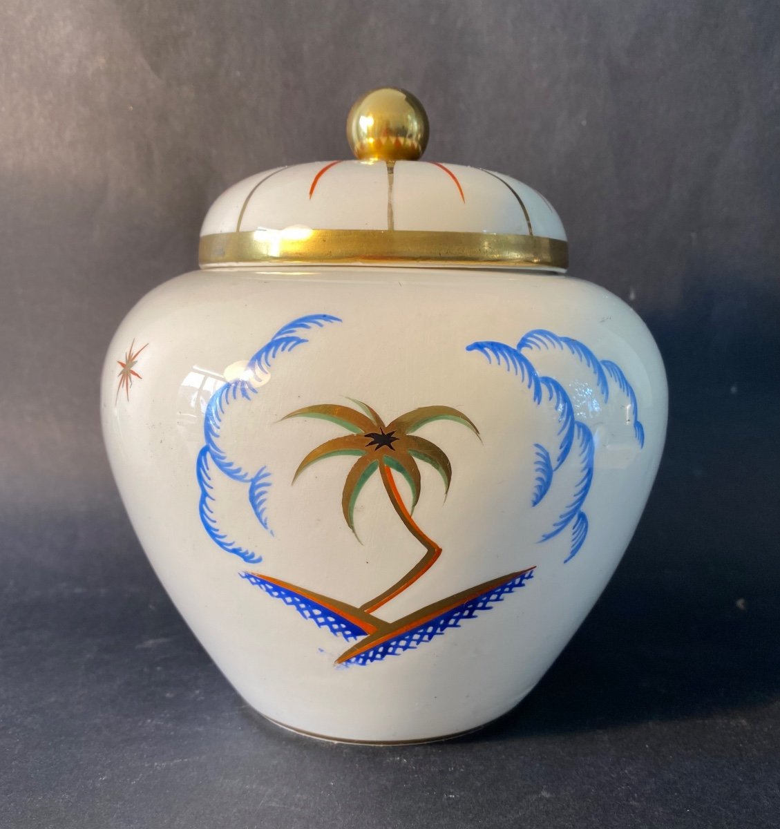 Vase couvert En Porcelaine Art Déco. Dupoma. Royal Dux Tchèque Années 30. Décor Orientaliste.-photo-2