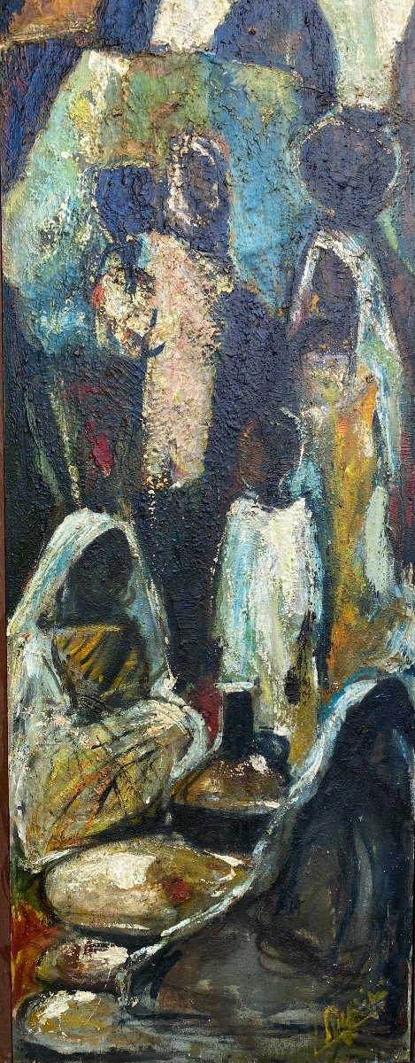 “market Scene”. Mid-20th Century Africanist Orientalist Painting. Oil On Panel-photo-2