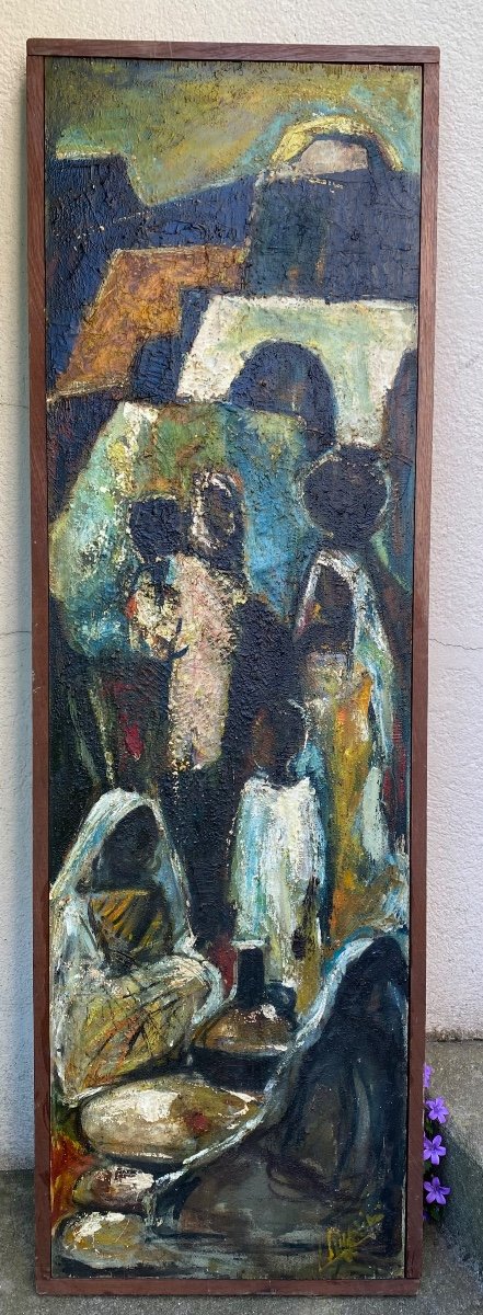 “market Scene”. Mid-20th Century Africanist Orientalist Painting. Oil On Panel