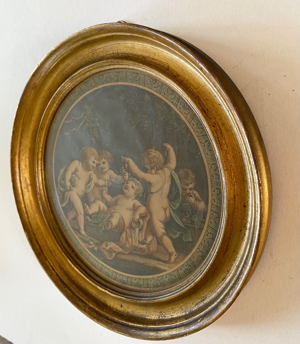 Gravure Style Louis XVI Encadrée. Bacchus Et Putti Vendangeurs. Allégorie De L’automne.-photo-3