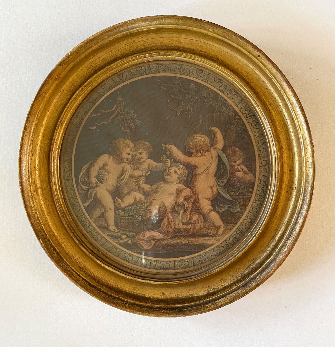 Framed Louis XVI Style Engraving. Bacchus And Putti Harvesters. Allegory Of Autumn.