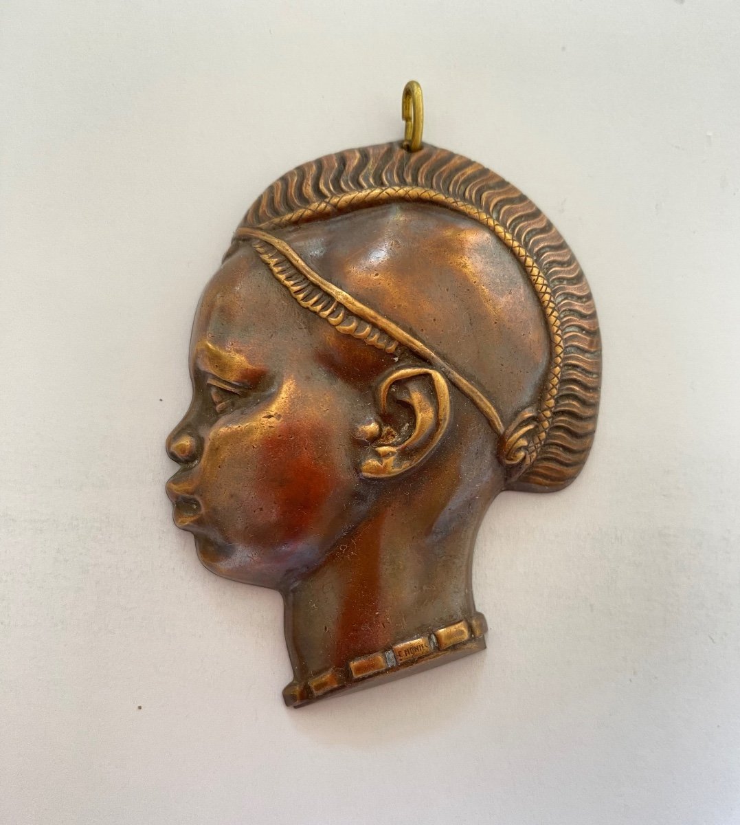 Emile Monier. Africanist Brass Pendant. Woman Profile. 1930s.