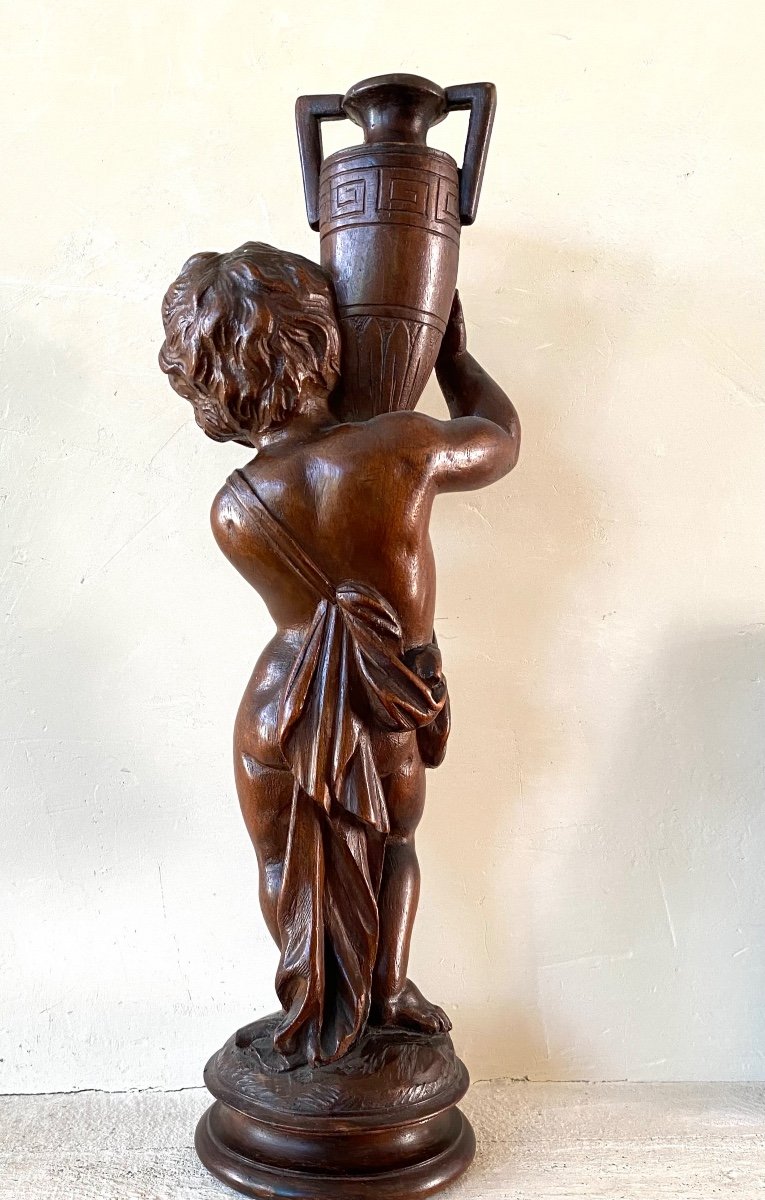 Sculpture En Bois XIXème. Enfant Portant Une Amphore. -photo-1
