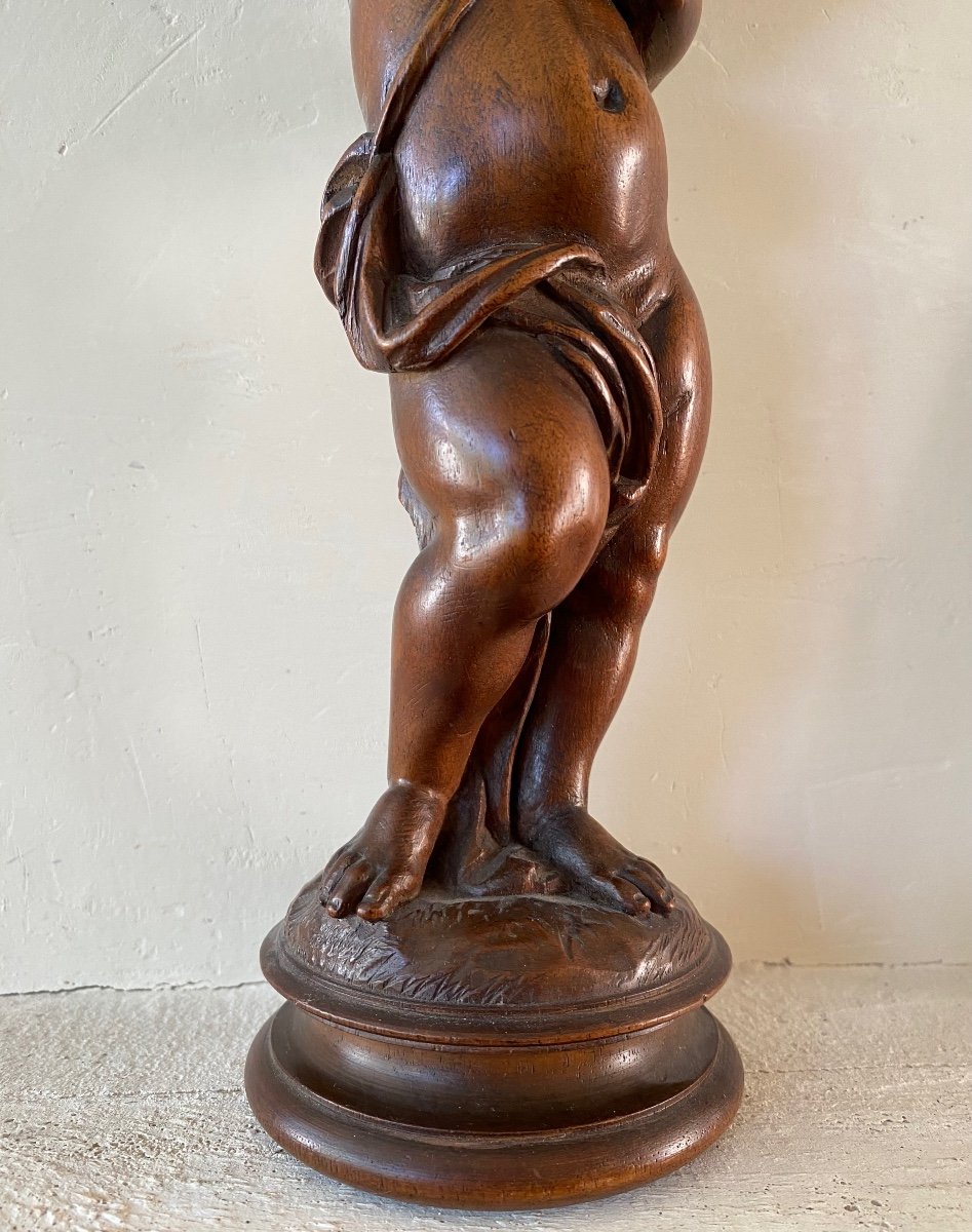 Sculpture En Bois XIXème. Enfant Portant Une Amphore. -photo-2