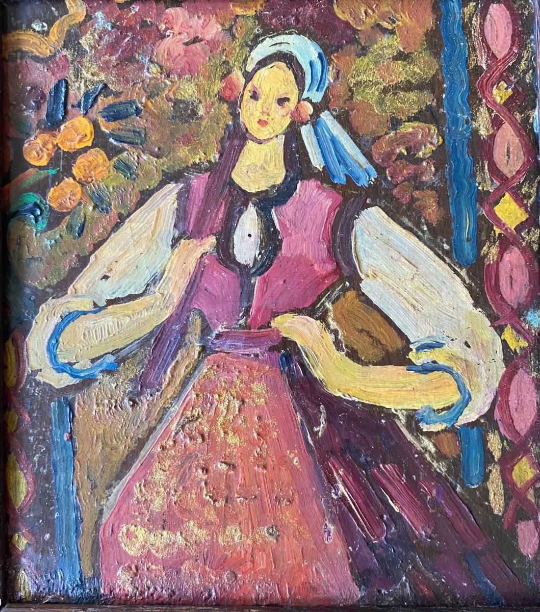 Portrait Of A Young Central European Woman. Oil On Wood Early 20th Century.-photo-2