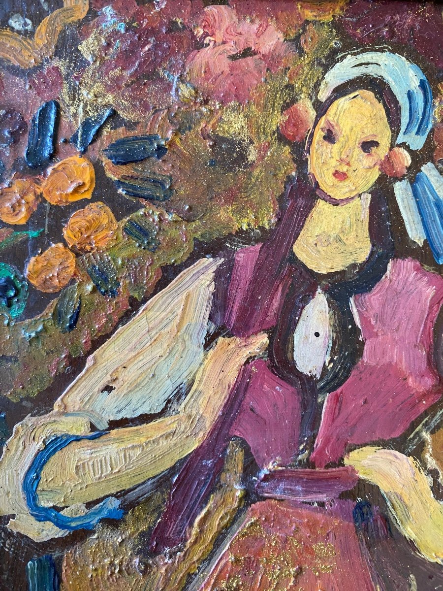 Portrait Of A Young Central European Woman. Oil On Wood Early 20th Century.-photo-3