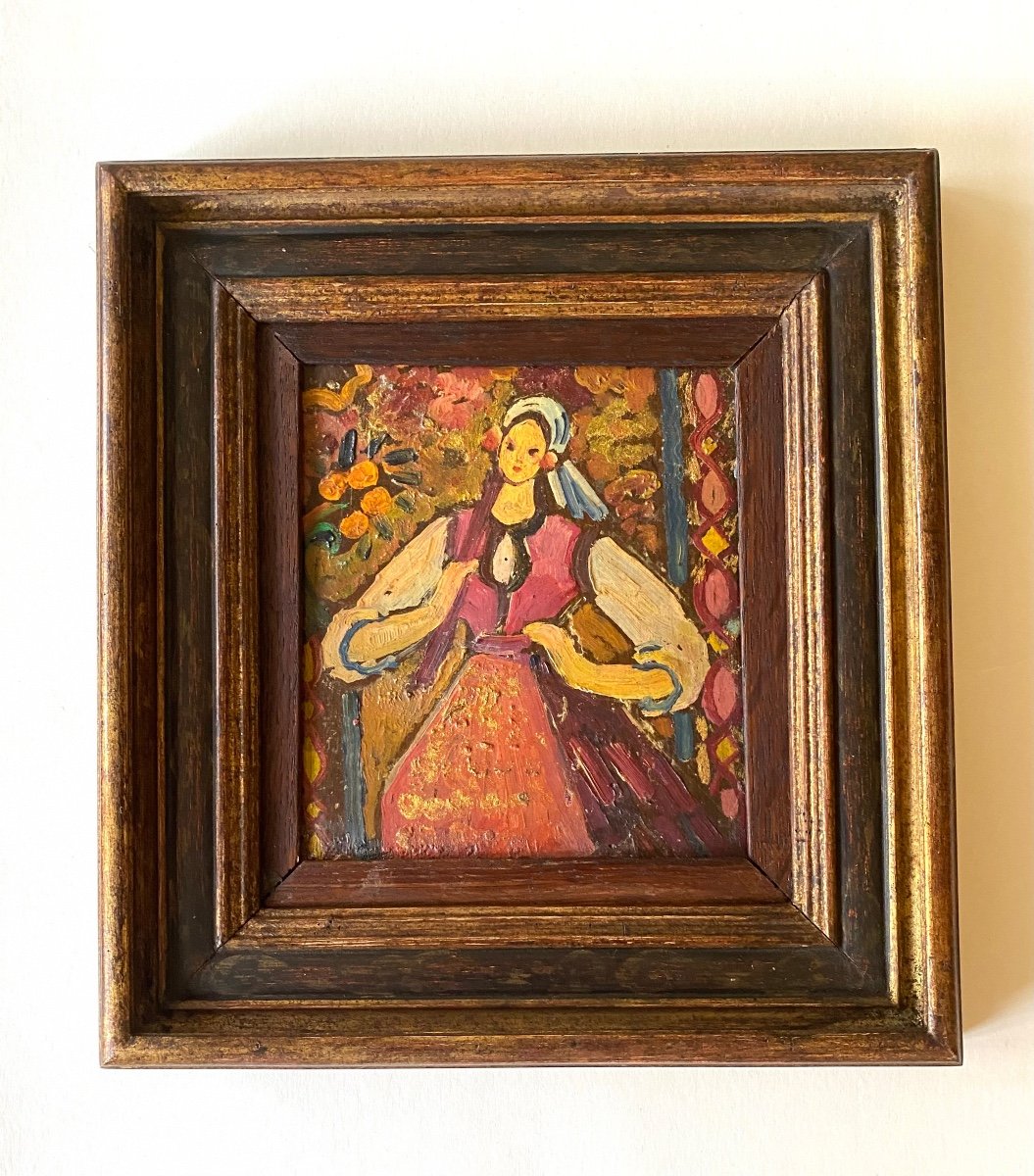 Portrait Of A Young Central European Woman. Oil On Wood Early 20th Century.