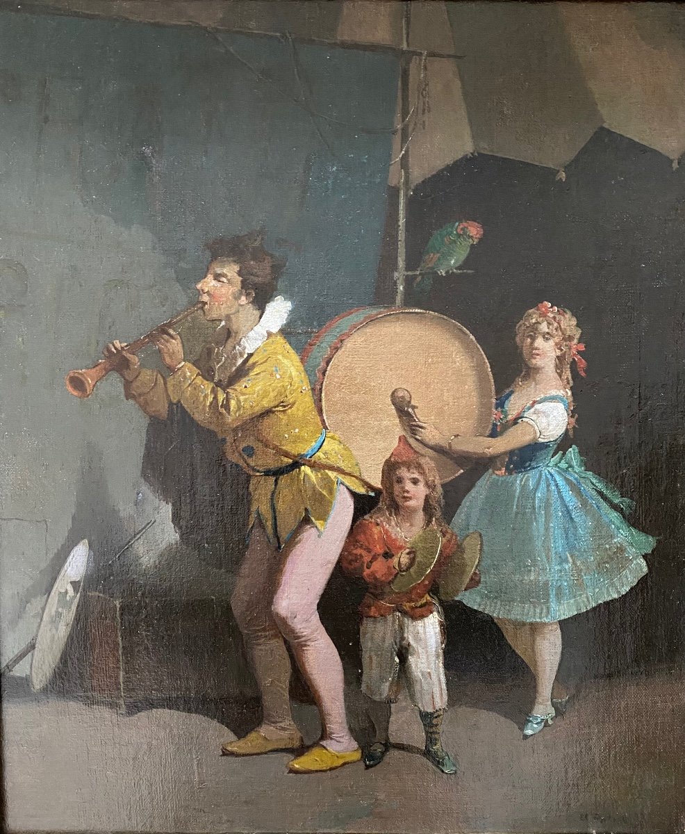 “ Scène De Cirque”. Huile Sur Toile Encadrée XIXème. -photo-2
