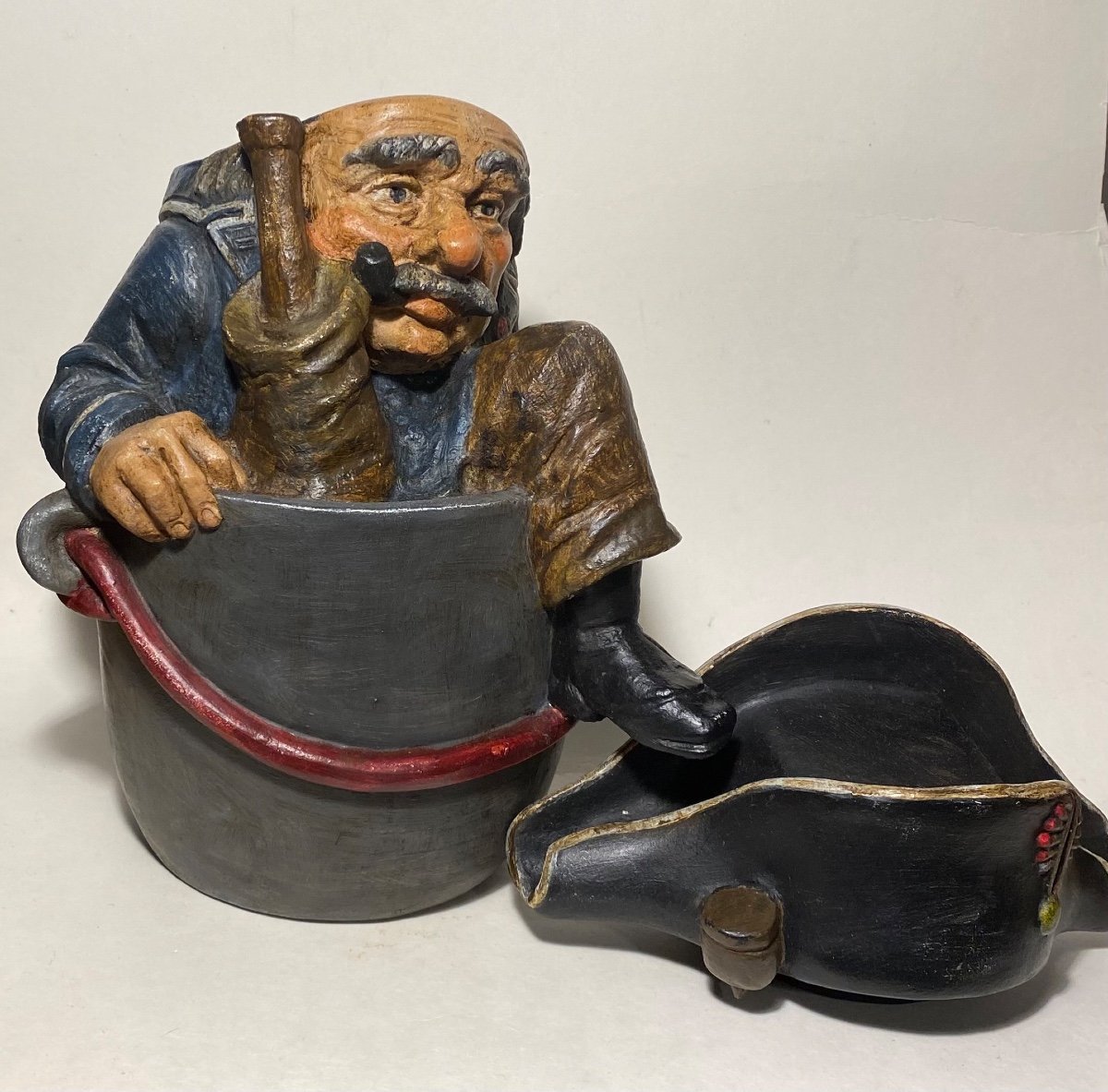 Polychrome Metal Tobacco Pot. 19th Century. Pirate With Bicorn And Pestle In A Bucket.-photo-2