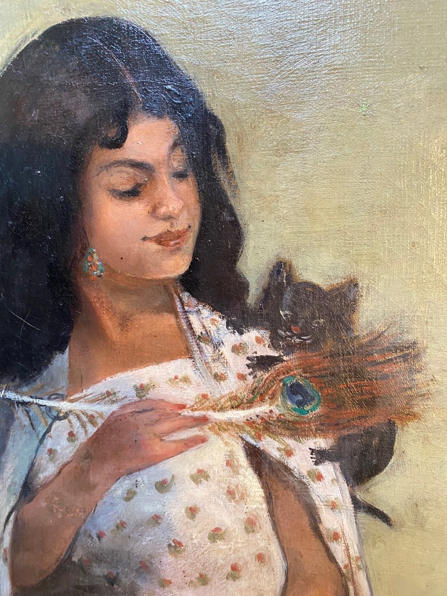 “ Young Oriental Girl And Her Cat”. Framed Oil On Canvas. 1887. Barré-berteny.-photo-2