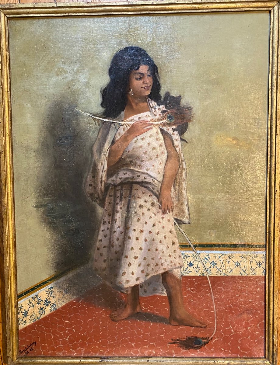 “ Young Oriental Girl And Her Cat”. Framed Oil On Canvas. 1887. Barré-berteny.