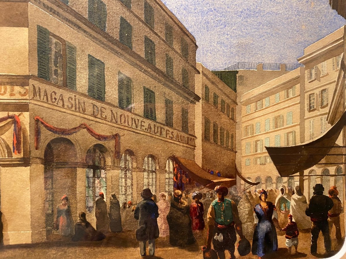 Algeria 19th Century. Suite Of Three Framed Orientalist Watercolors. Animated Scenes Algiers. Bab-azoun.-photo-1