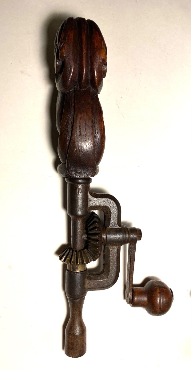 19th Century Popular Art. Rare Crankshaft. Anthropomorphic Chignole. Carved Wood, Iron And Brass.-photo-4
