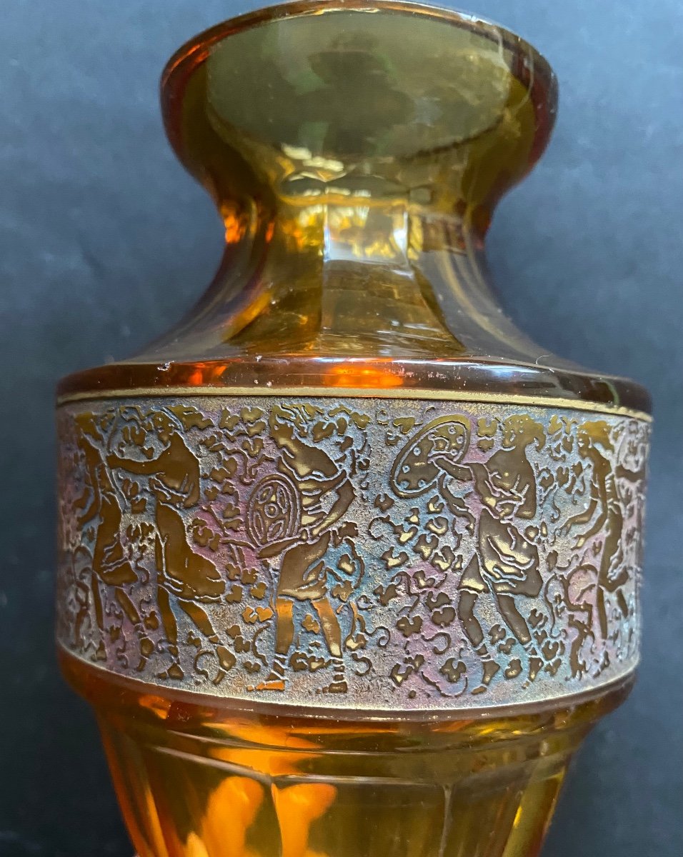 Moser. Karlsbad. Vase En Cristal Ambré. Décor Gravé à L’acide Et Doré. Frise à L’antique. -photo-2