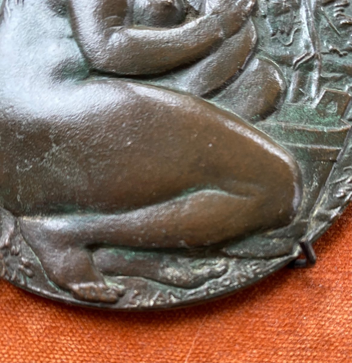 Francesco Giannone. “ L’ Automne”. Plaque En Bronze Milieu XXème. Bas-relief Nu Féminin. -photo-1