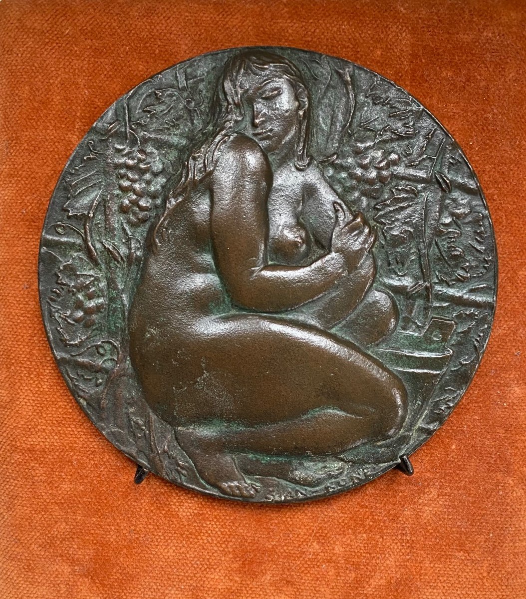Francesco Giannone. “ L’ Automne”. Plaque En Bronze Milieu XXème. Bas-relief Nu Féminin. 
