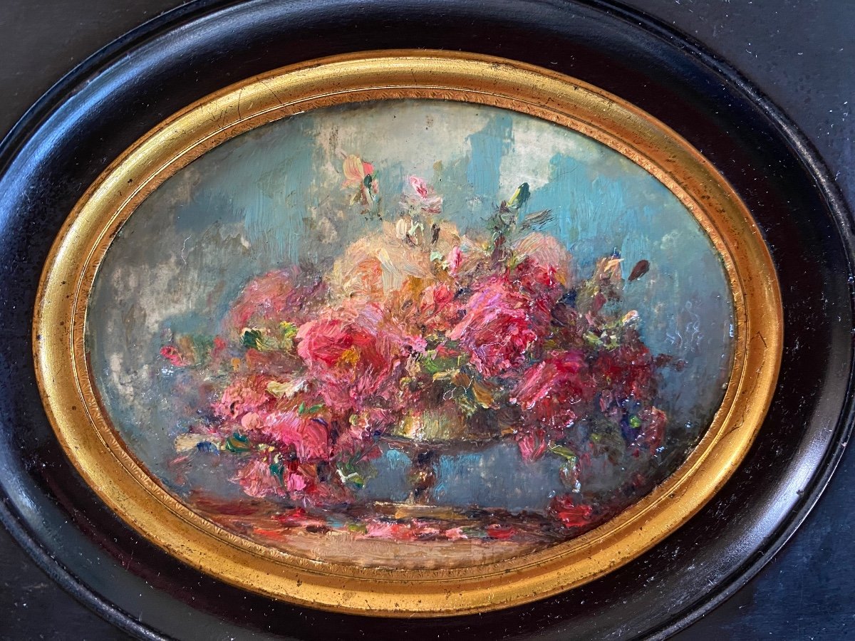 “ Le Bouquet De Roses”. Huile Sur Carton Encadrée. Ecole Française Fin XIXème. -photo-2