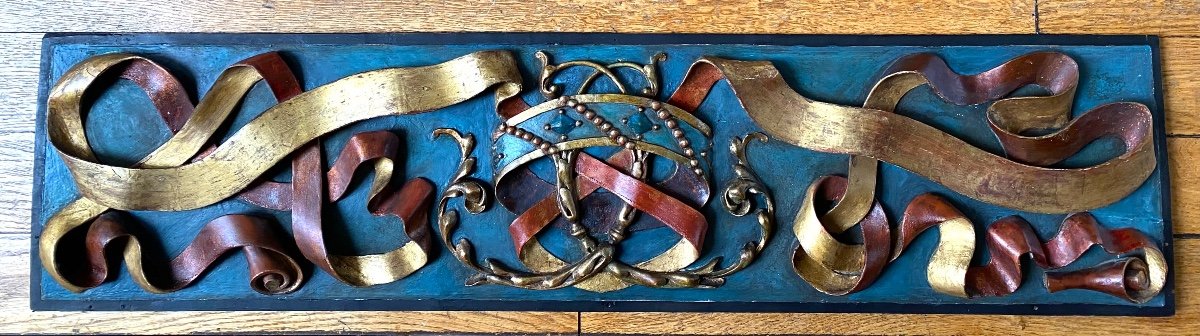 19th Century Woodwork. Carved, Painted And Gilded Decor. Crown, Monogram And Ribbons.