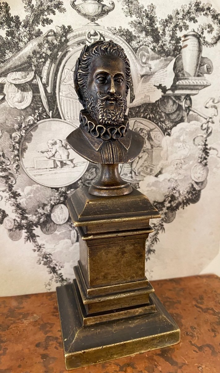Bust Of King Henry Iv. Small Library Bronze. 19th Century. 
