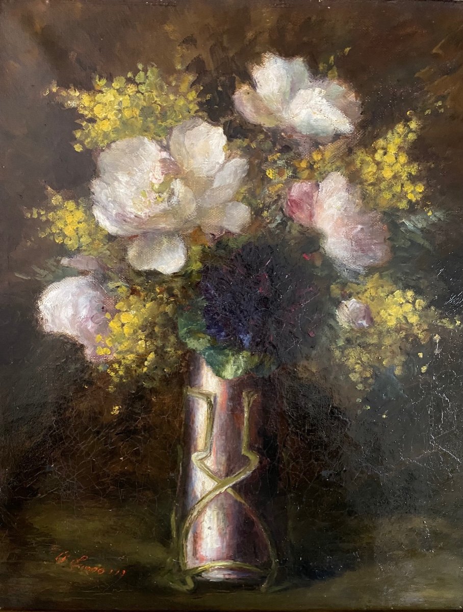 “Mimosas, Pivoines Et Violettes Dans Un Vase Art Nouveau”. Huile Sur Toile Encadrée XIXème. -photo-2