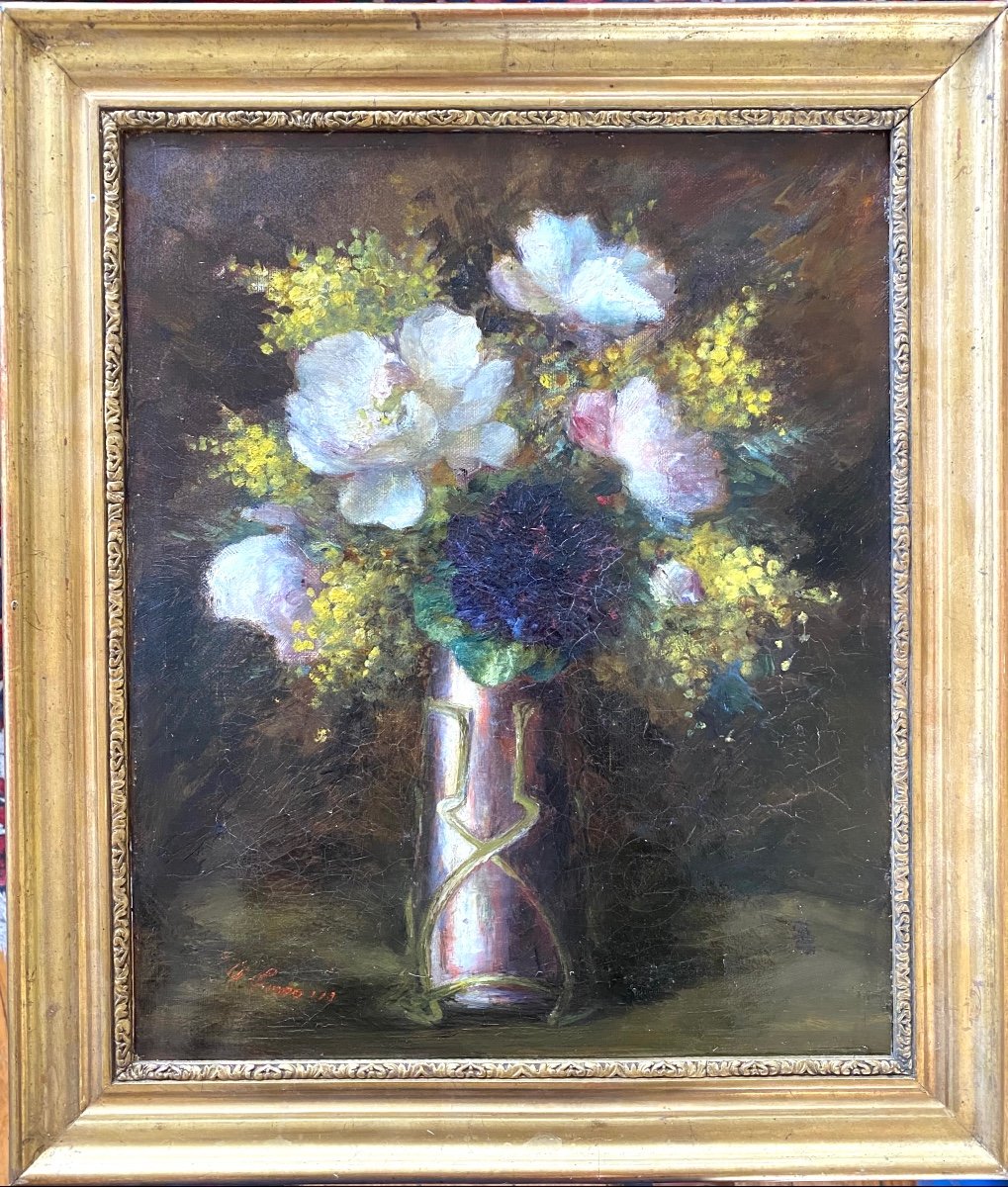 “Mimosas, Pivoines Et Violettes Dans Un Vase Art Nouveau”. Huile Sur Toile Encadrée XIXème. 