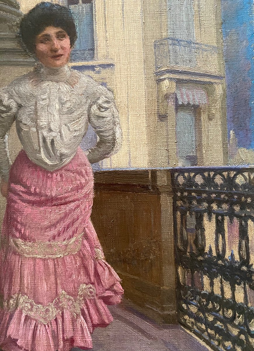 Leopold Danty. “. Young Woman On The Balcony”. Oil On Canvas 19th Century. -photo-3