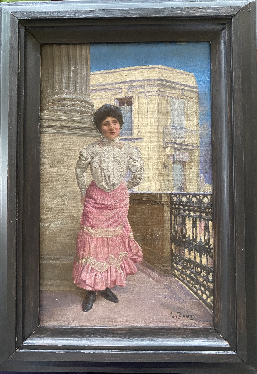 Leopold Danty. “. Young Woman On The Balcony”. Framed Oil On Canvas 19th Century. 
