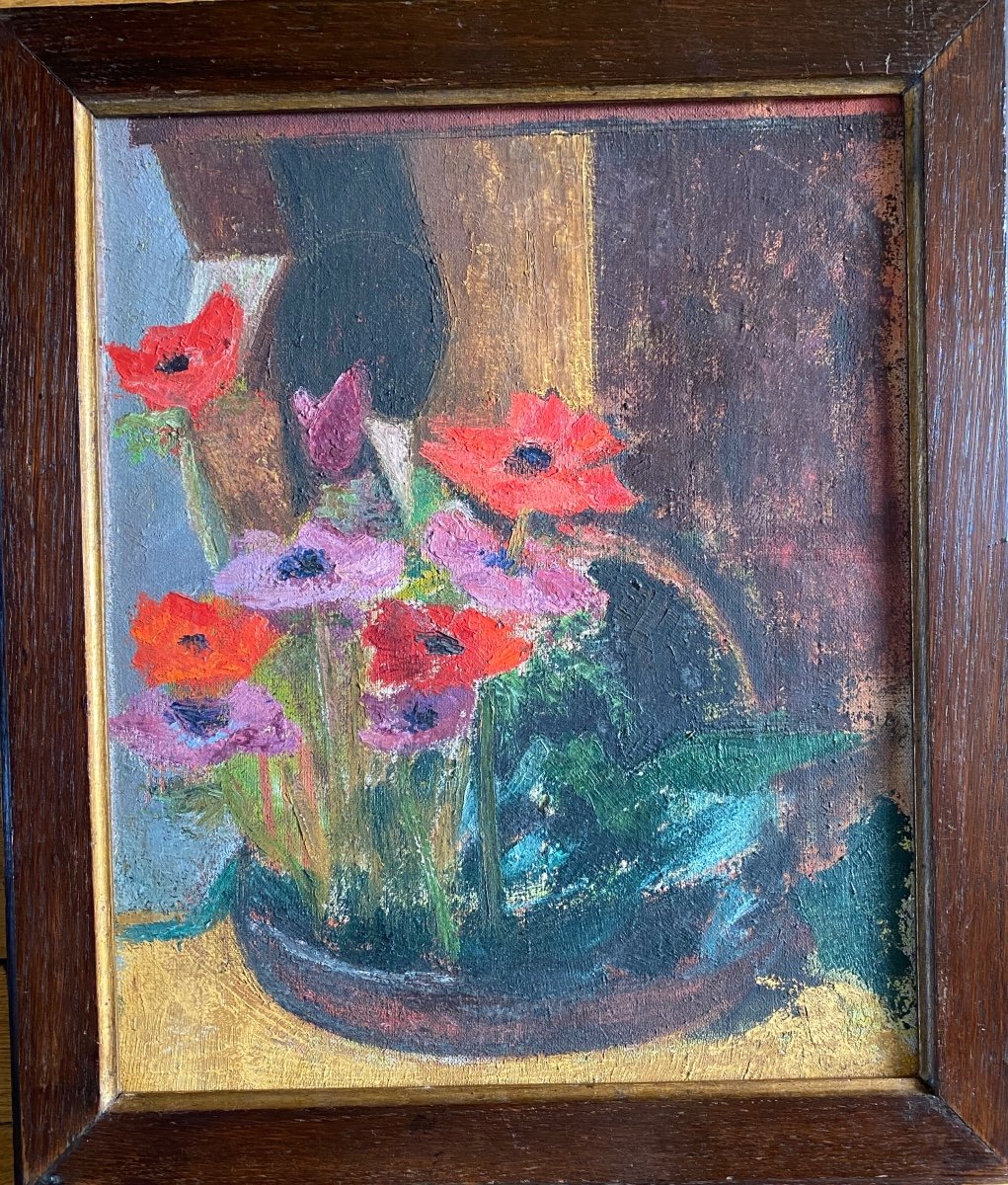 Raymonde Pagegie. “ Les Anémones “. Tableau. Huile Sur Toile encadrée Milieu XXème. 
