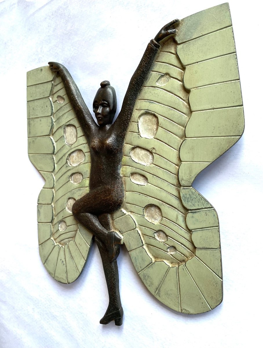 “butterfly Woman”. Art Deco Bronze Bas-relief Plaque. France Early 20th Century.-photo-1