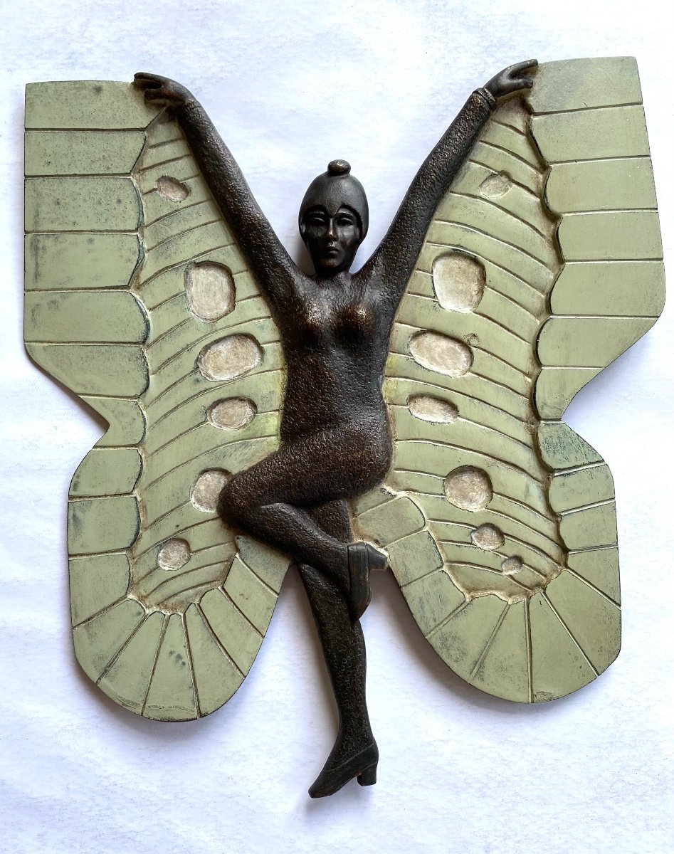 “butterfly Woman”. Art Deco Bronze Bas-relief Plaque. France Early 20th Century.
