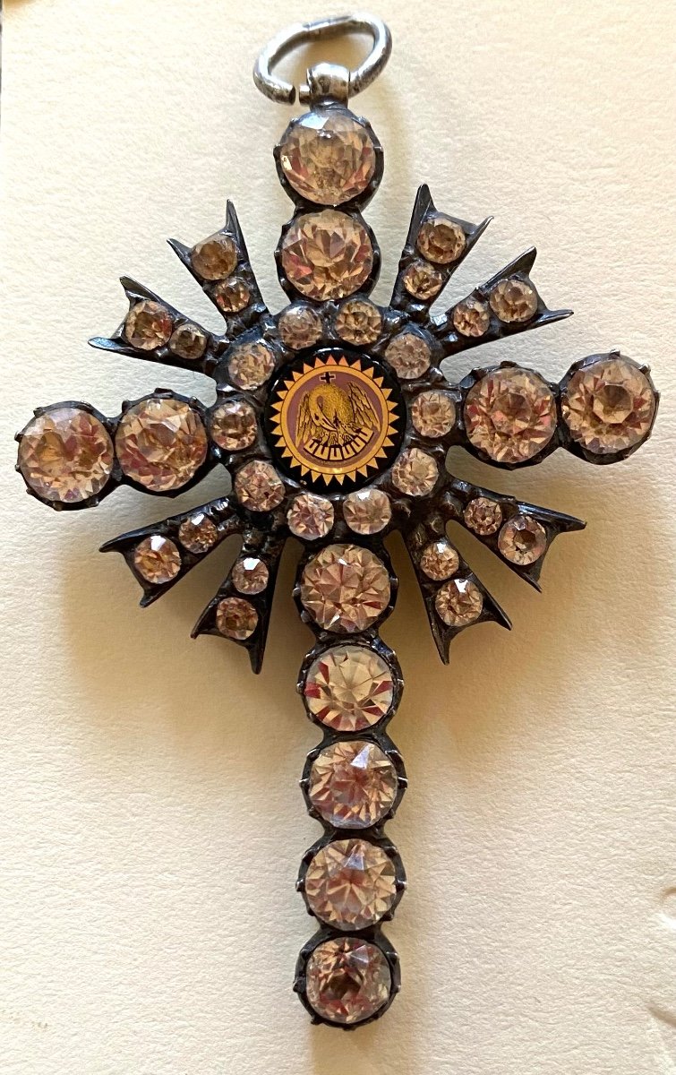 Cross In Silver And Rhinestones.  19th Century. Masonic Rosicrucian Knight Jewelry. 