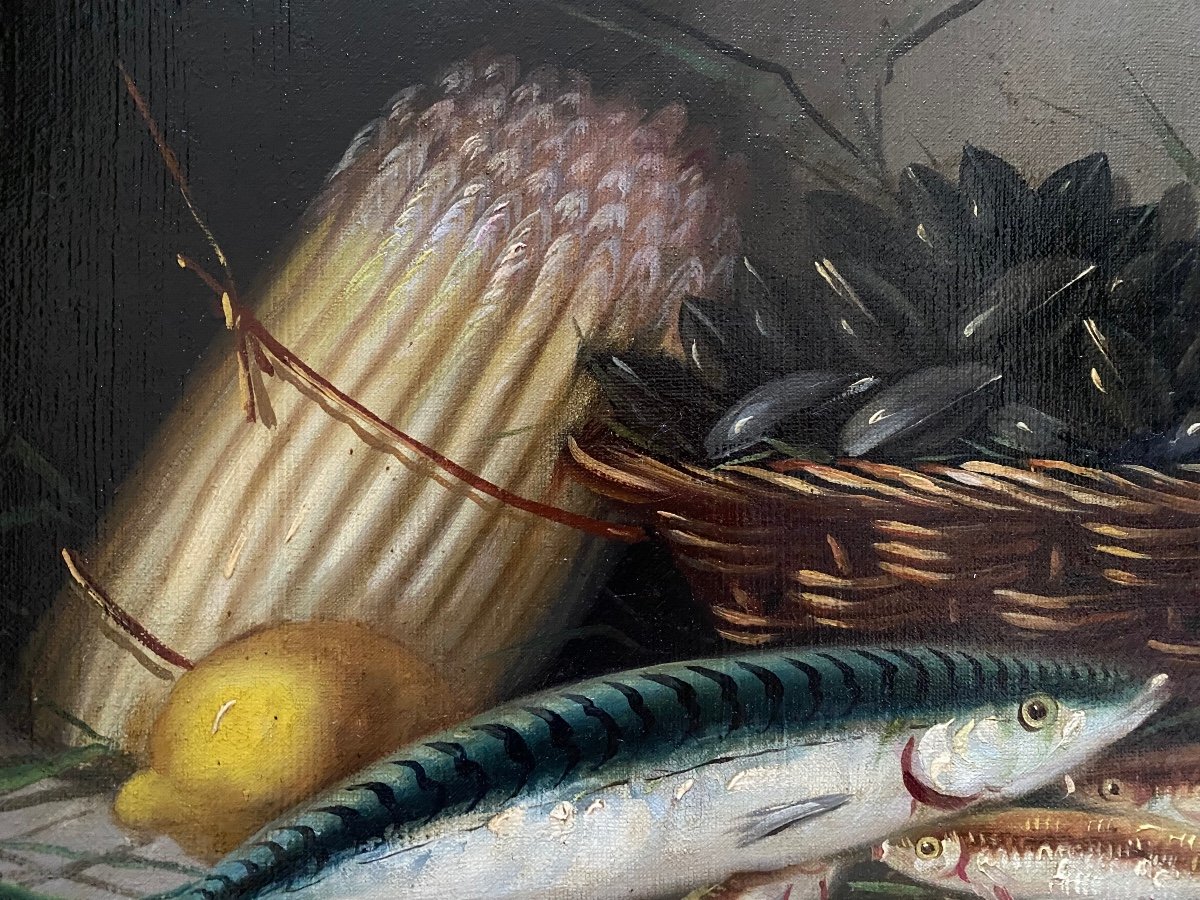 Lair. “. Nature Morte . Asperges, Moules Et Poissons”.  Huile Sur Toile  Encadrée XIXème. -photo-3