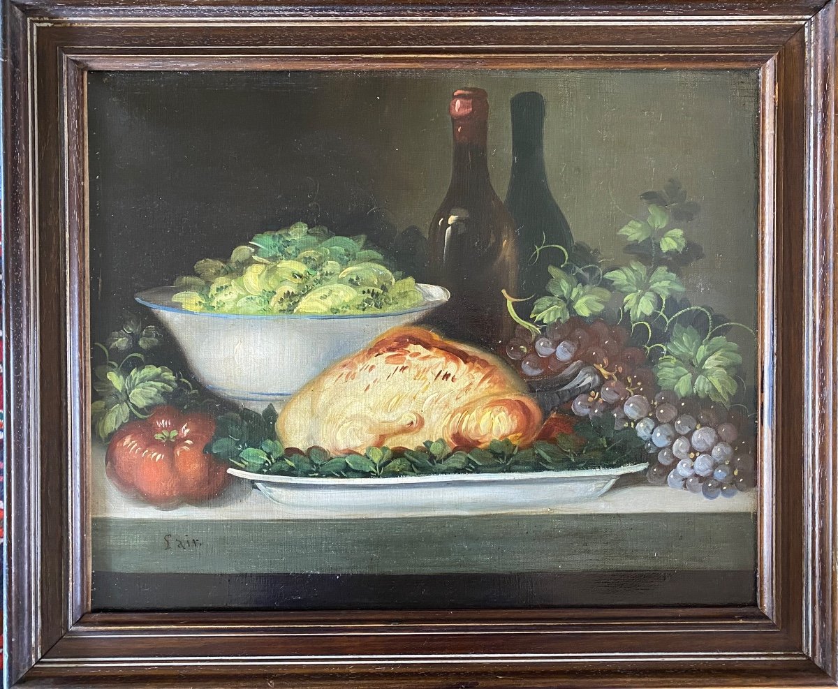 Lair. “. Framed 19th Century Still Life. Poultry, Salad And Grapes”. -photo-3
