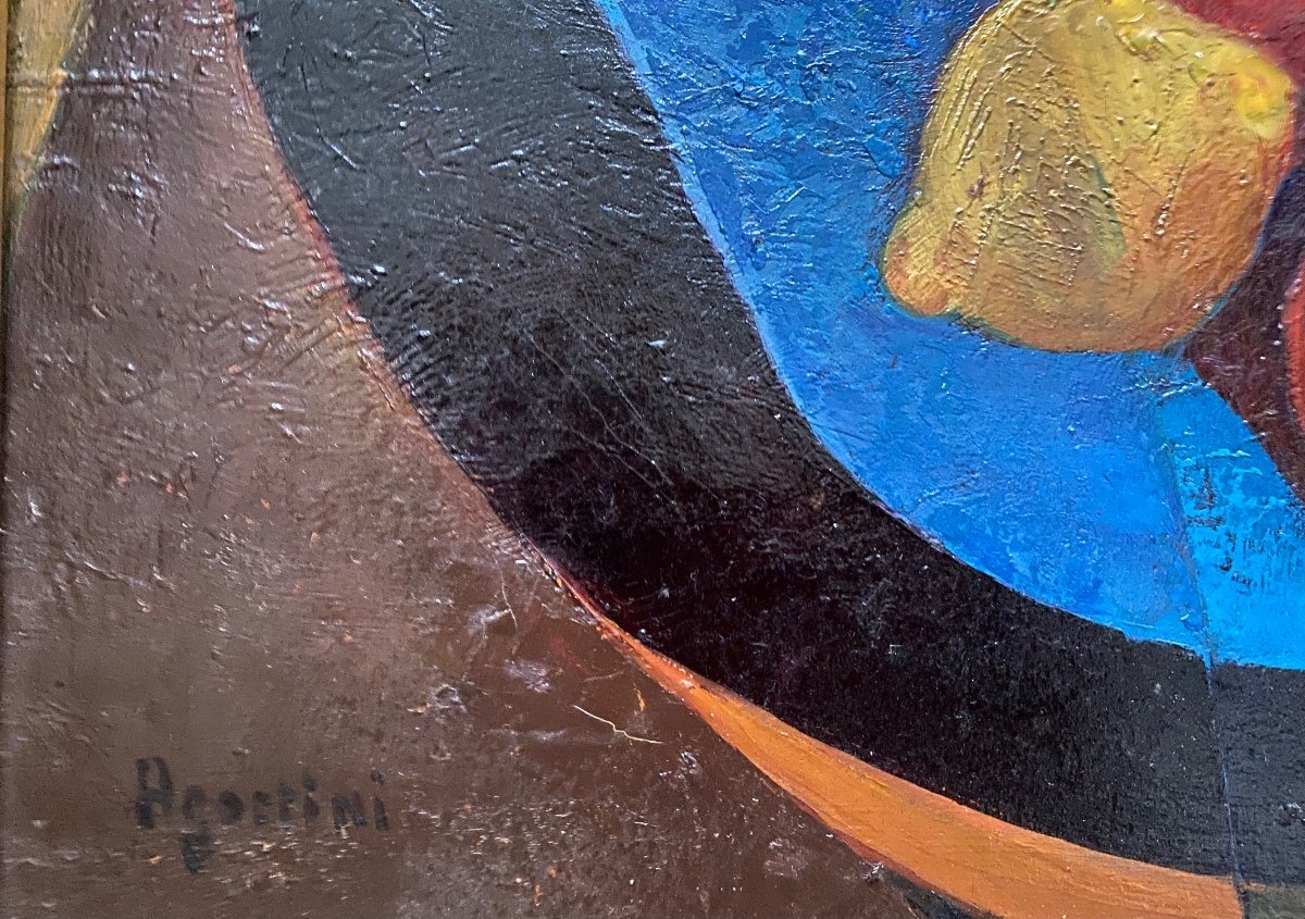 Tony Agostini. “ Blue Plate On The Pedestal Table”. Oil On Canvas Mid 20th. Ecole De Paris.-photo-4