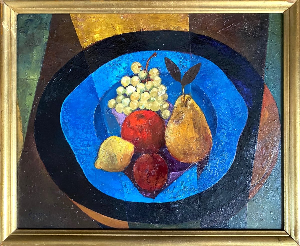 Tony Agostini. “ Blue Plate On The Pedestal Table”. Oil On Canvas Mid 20th. Ecole De Paris.