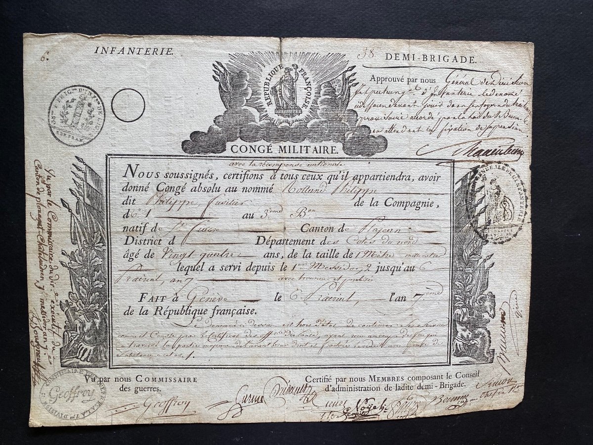 Congé Militaire 1799. Rolland Philippe. Infanterie - 38 Demi-brigade. 