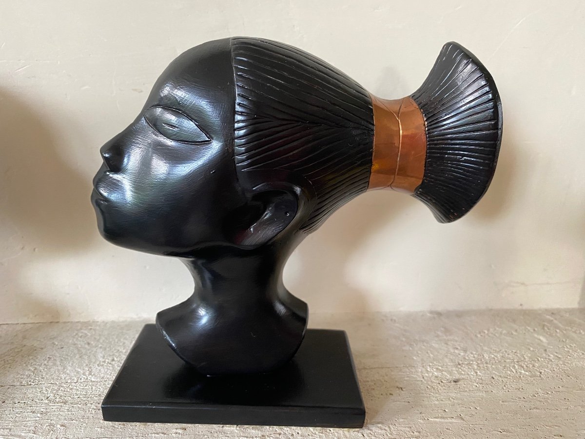 Pair Of Africanist Blackened Bronze Bookends. Profiles Of Mangbetu Women. Mid 20th Century.-photo-2