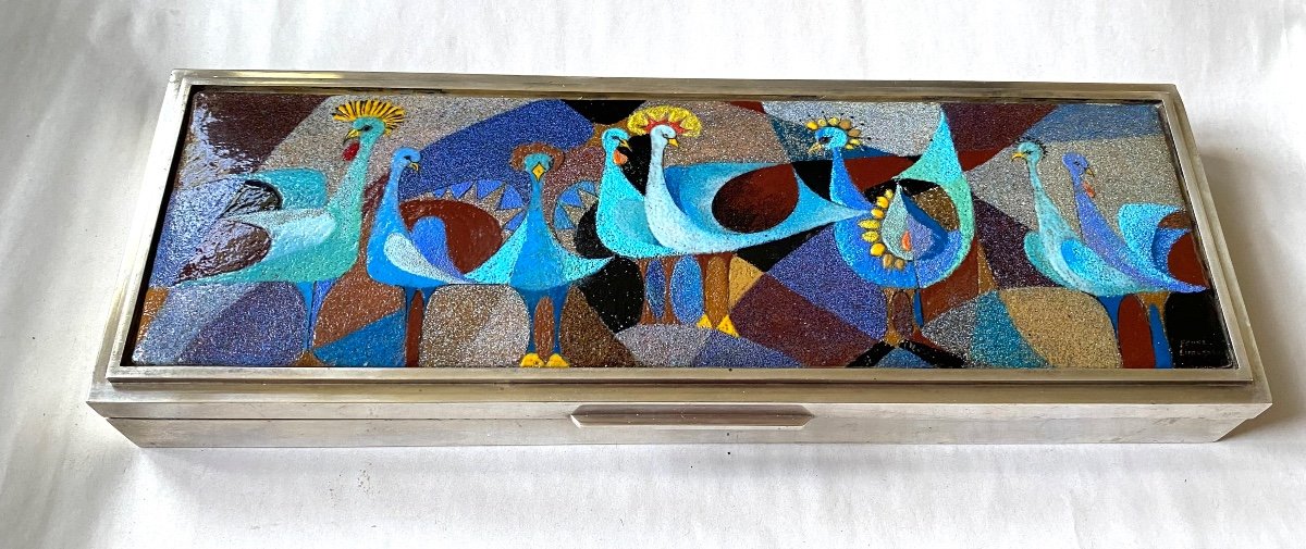 Camille Fauré. Box In Silver Metal And Enameled Decor Stylized Birds. Mid 20th Century.