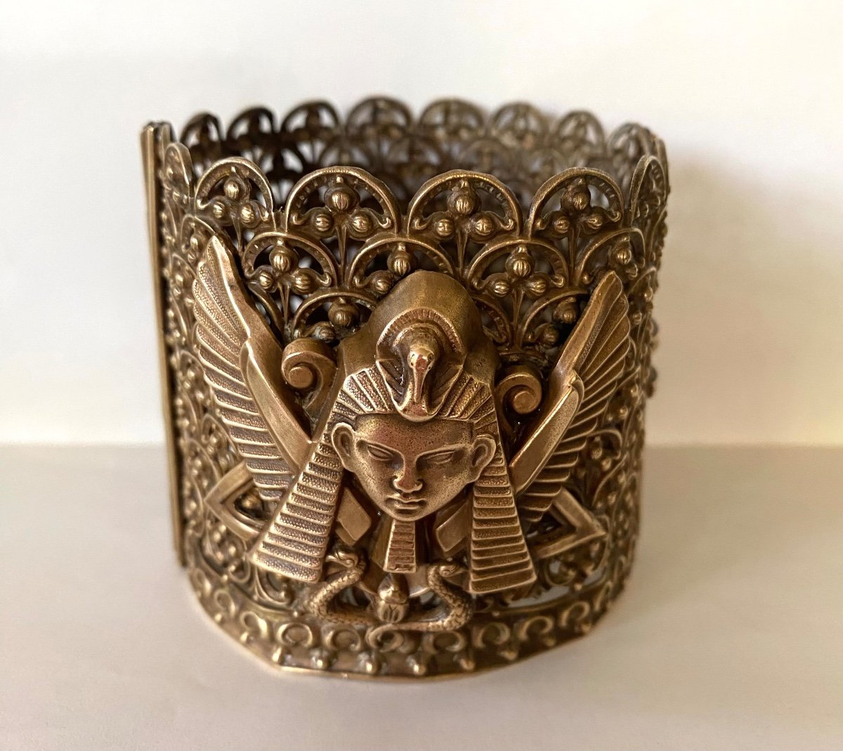 Egyptomania. 19th  Brass Theater Bracelet. Pharaoh's Head, Snake And Scarab Decor. -photo-1