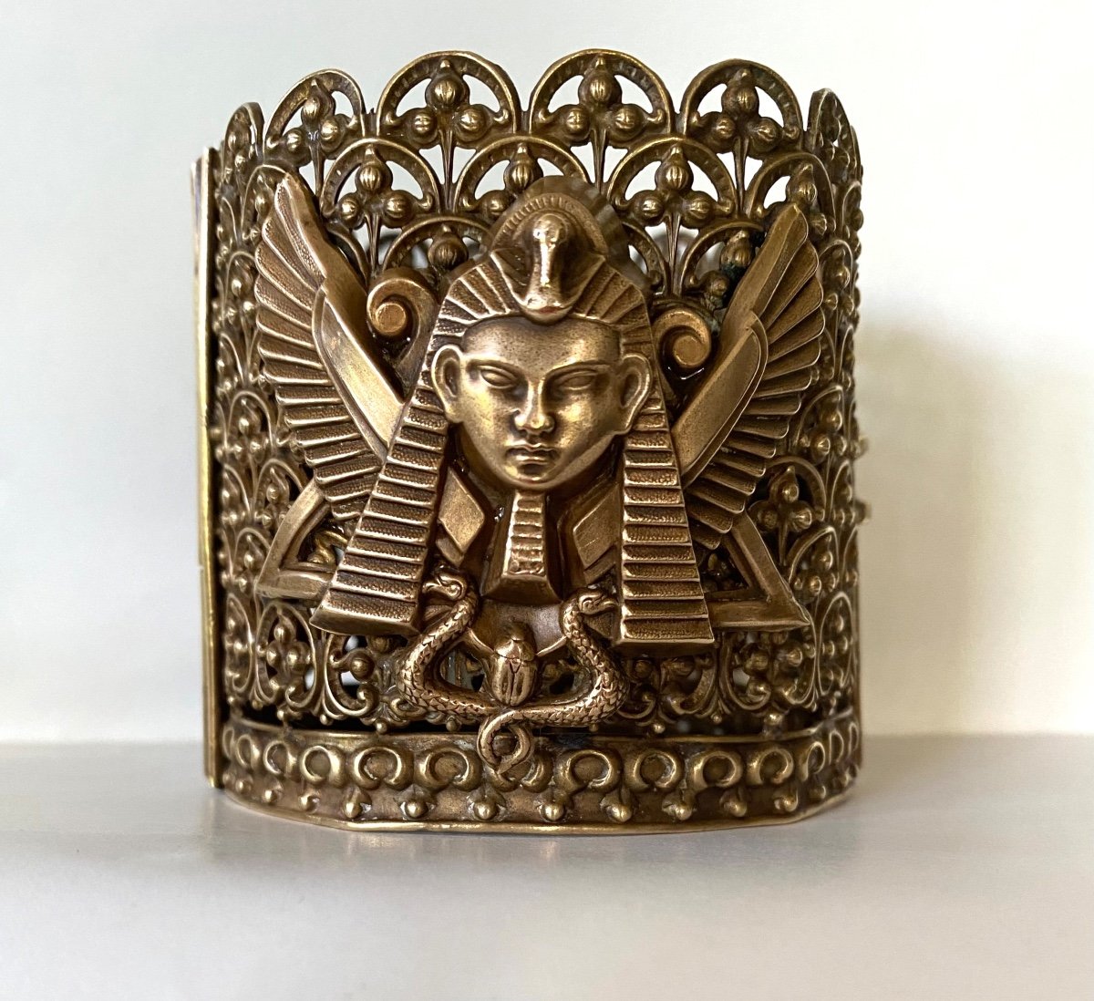 Egyptomania. 19th  Brass Theater Bracelet. Pharaoh's Head, Snake And Scarab Decor. 
