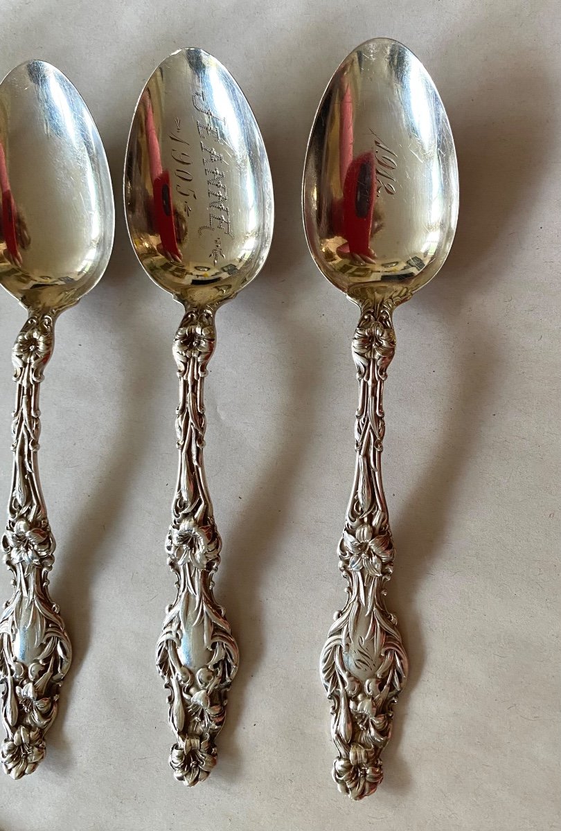 F. M. Whiting. Suite De neuf Petites Cuillers En Argent Art Nouveau. Décor  Floral. -photo-3