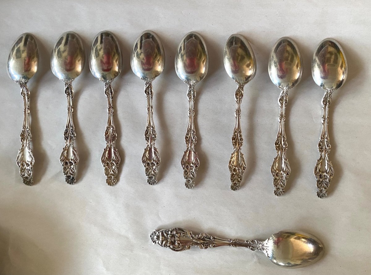 F. M. Whiting. Suite De neuf Petites Cuillers En Argent Art Nouveau. Décor  Floral. -photo-6